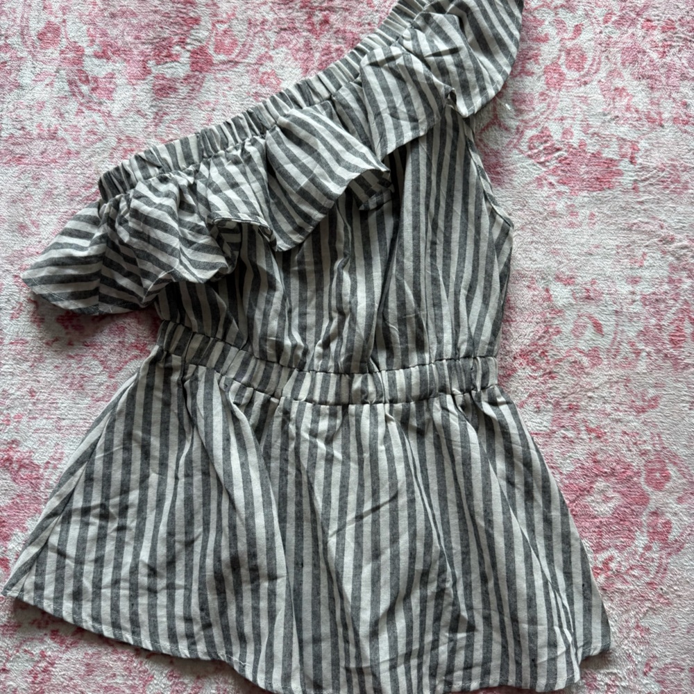 Striped One-Shoulder Ruffle Top - Gray and White